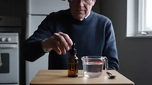 A man in his sixties at a quiet kitchen table early in the morning squeezing a few drops from a small amber bottle into a quarter cup of water