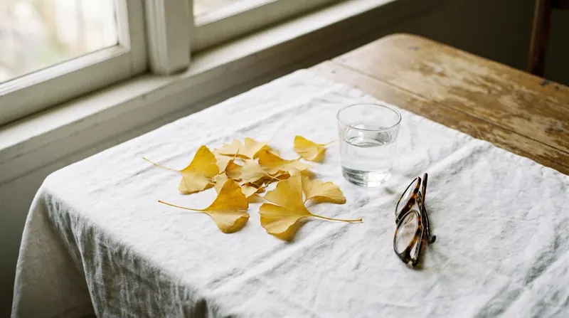 A few golden fan-shaped ginkgo leaves on a white tablecloth beside a glass of water and folded reading glasses