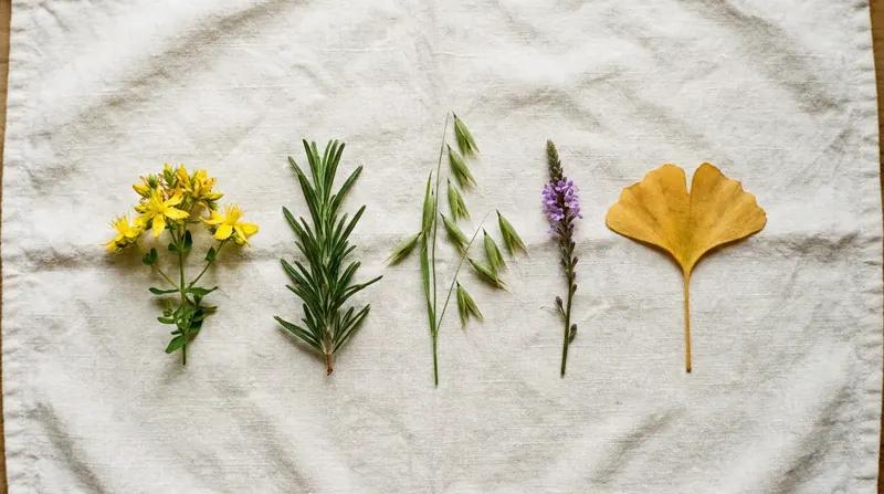 Five herbs laid out on a white cloth: St. John's wort flowers, a rosemary sprig, green oat stalks, a spike of violet vervain and a ginkgo leaf