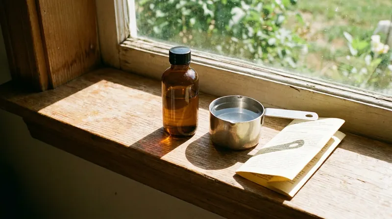 A small amber bottle on a sunny windowsill beside a measuring cup of water and a folded leaflet