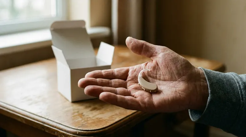 A small beige hearing aid resting in the open palm of a man's hand, its plain box open on the table behind