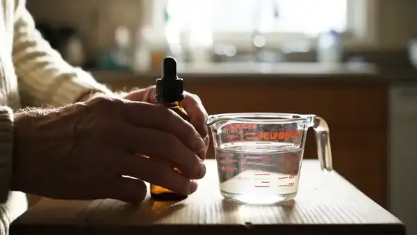 A man's hands squeezing a few drops from a small amber bottle into a quarter cup of water on a kitchen table