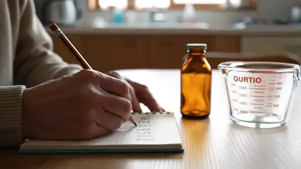 A man's hands writing a short pencil sum on a notepad beside a small amber bottle and a measuring cup