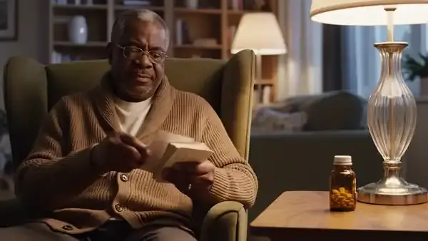 A man in his sixties in an armchair at dusk reading a few small cards one by one beside a small amber bottle