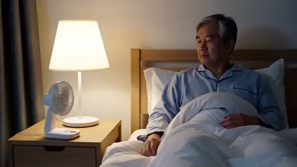 A man in his sixties switching on a small fan on the nightstand in a dim bedroom before lying back