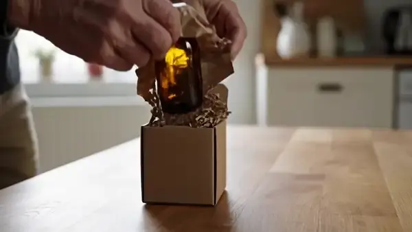 A man's hands placing a small amber bottle into a plain cardboard box and taping it closed